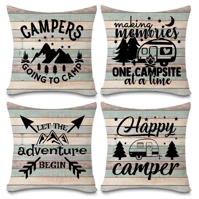 Faromily Happy Camper Pillow Covers Vintage Rustic Wood Background Inspirational Quotes Home Outdoor Decorative Throw Pillow Case Cushion Cover Set of 4 18" x 18" - Image 1